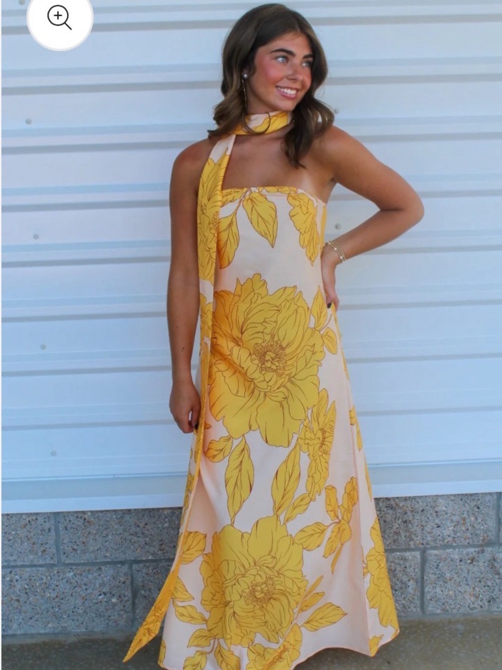 NWOT Strapless Yellow/Golden Floral Maxi Dress with Scarf
